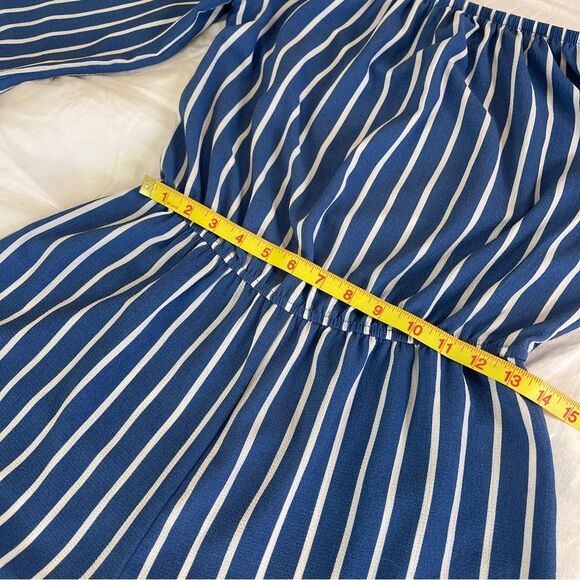 Forever 21 Romper Women M Medium Navy One-Piece Striped Off-Shoulder 3/4 Sleeve - Picture 7 of 7